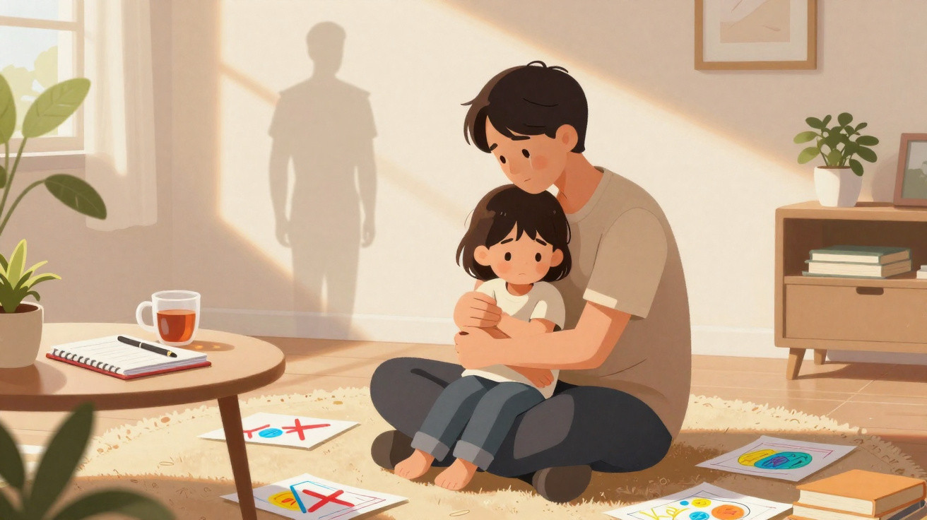 Pai a confortar filho sentado no chão de uma sala iluminada, rodeados por desenhos e livros espalhados.