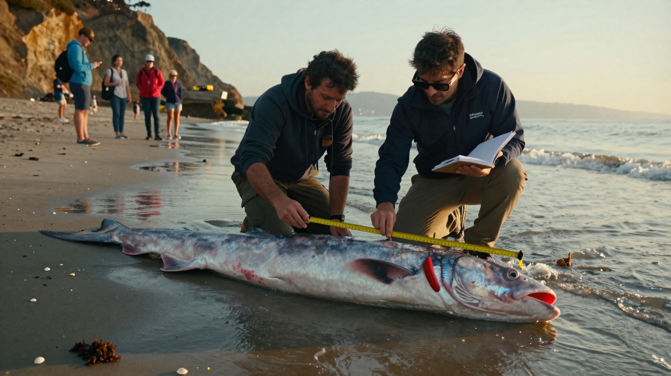 Dois homens medem e registam um grande peixe numa praia ao pôr do sol, com pessoas ao fundo.