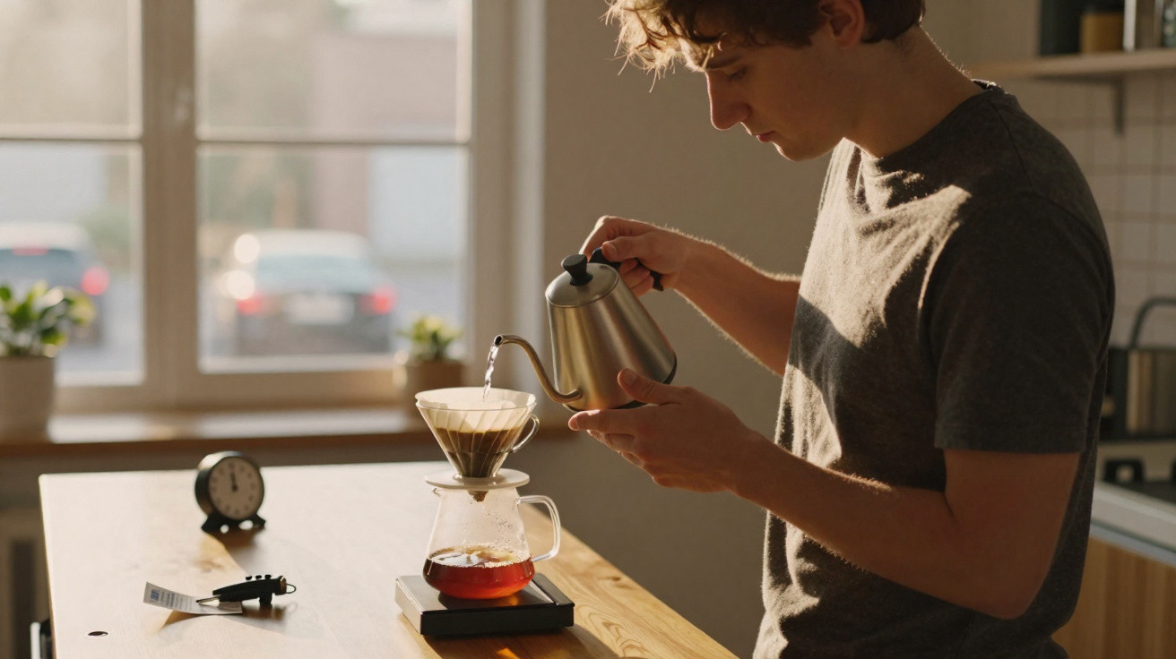 Jovem a fazer café filtrado numa cozinha com luz natural a entrar pela janela.