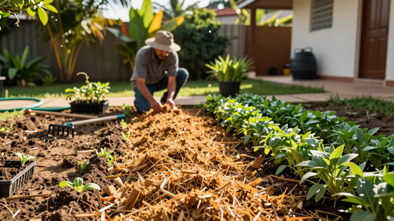 Homem a cultivar horta no jardim com plantas jovens e solo coberto por palha seca ao sol.