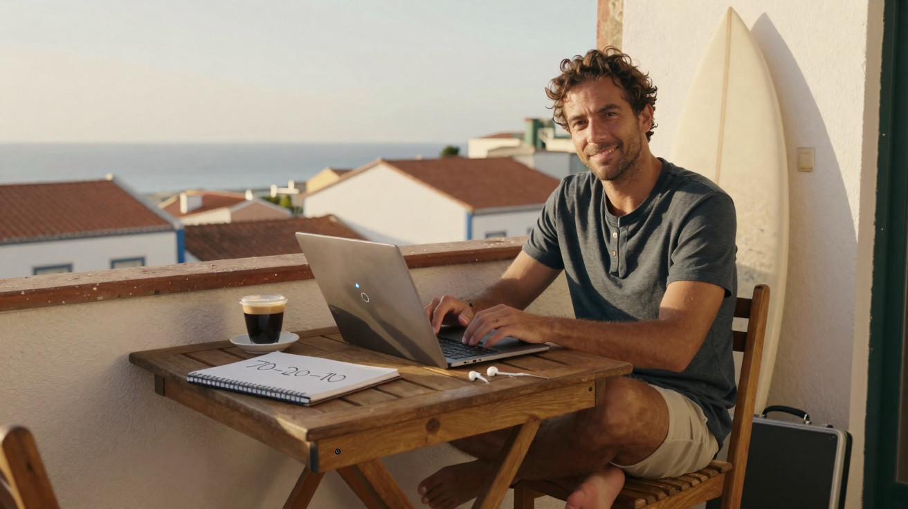 Homem sentado numa varanda com vista para o mar, a trabalhar num portátil e a sorrir.