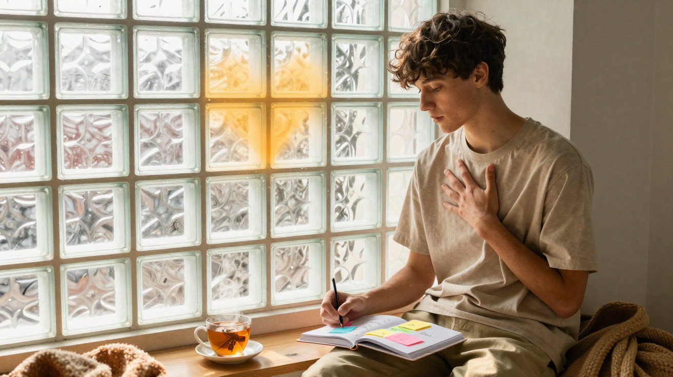 Jovem sentado junto a janela de vidro escrevendo em caderno com chá ao lado.