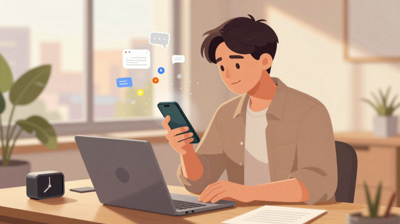 Homem jovem sentado a trabalhar numa secretária com computador portátil e a verificar mensagens no telemóvel.