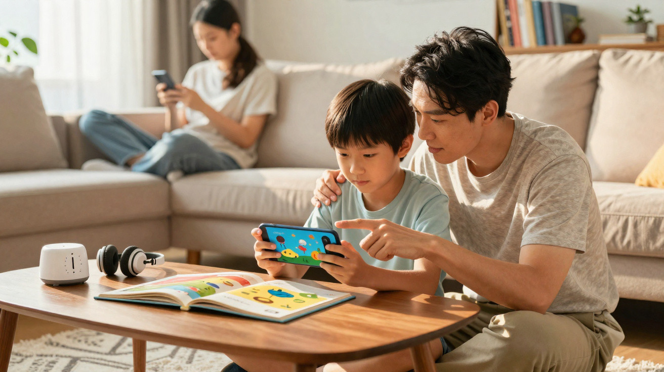 Pai ajuda filho com jogo no telemóvel enquanto mãe está sentada no sofá a usar o telemóvel.