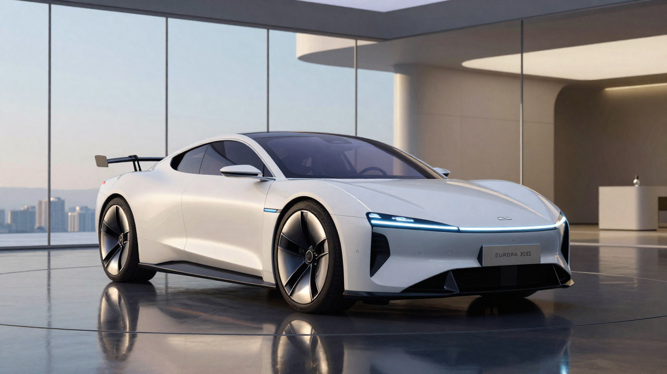 Carro elétrico desportivo branco com design moderno, estacionado em espaço interior com grandes janelas de vidro.