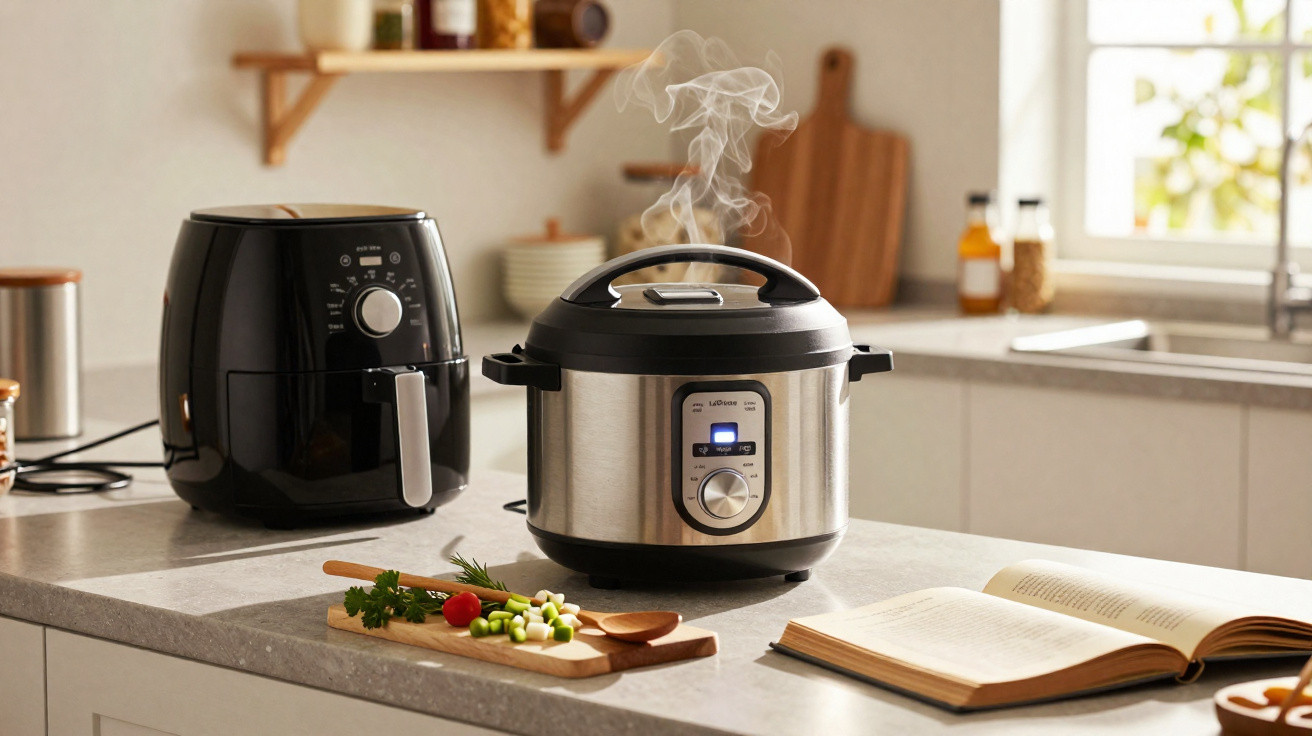 Panela elétrica a libertar vapor, frigideira elétrica e ingredientes frescos numa bancada de cozinha iluminada.