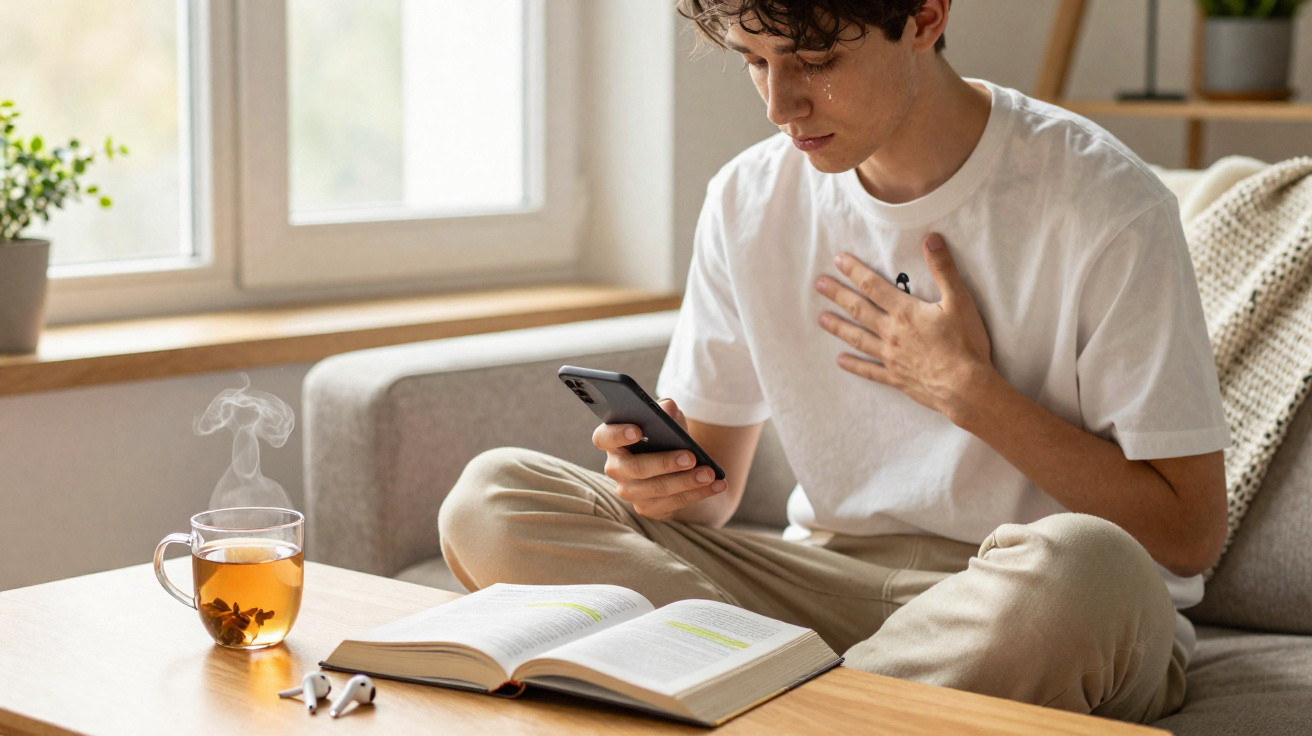 Jovem sentado no sofá, com expressão de dor no peito, segurando telemóvel, com chá e livro na mesa à frente.