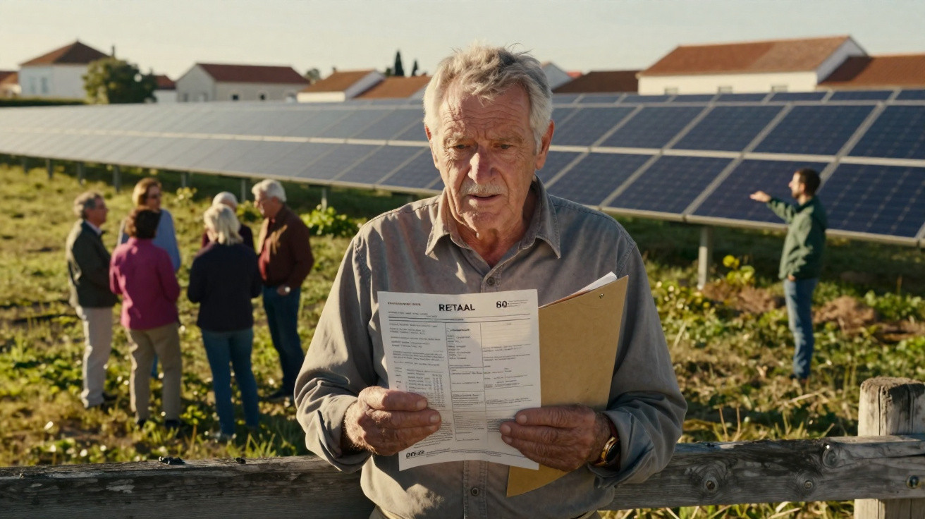 Homem idoso a ler uma conta de eletricidade junto a painéis solares, com grupo de pessoas ao fundo.