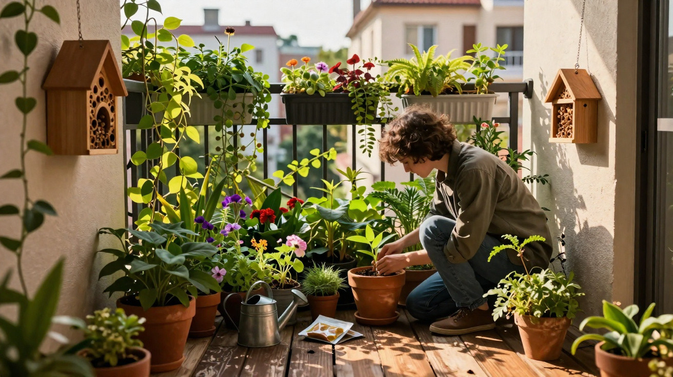 Pessoa a cuidar de plantas em vasos num terraço urbano cheio de flores e folhagens variadas.