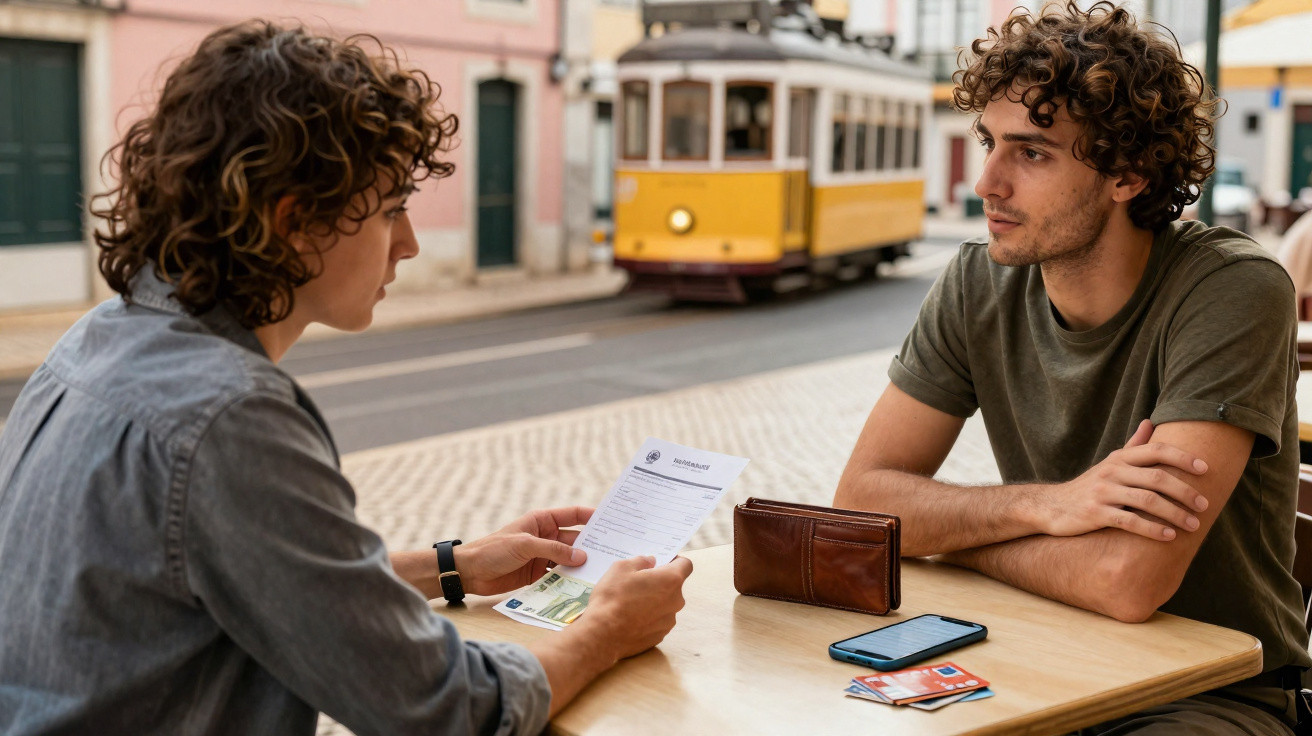 Dois jovens sentados numa esplanada em Lisboa, com um elétrico amarelo ao fundo, enquanto um lê um documento.