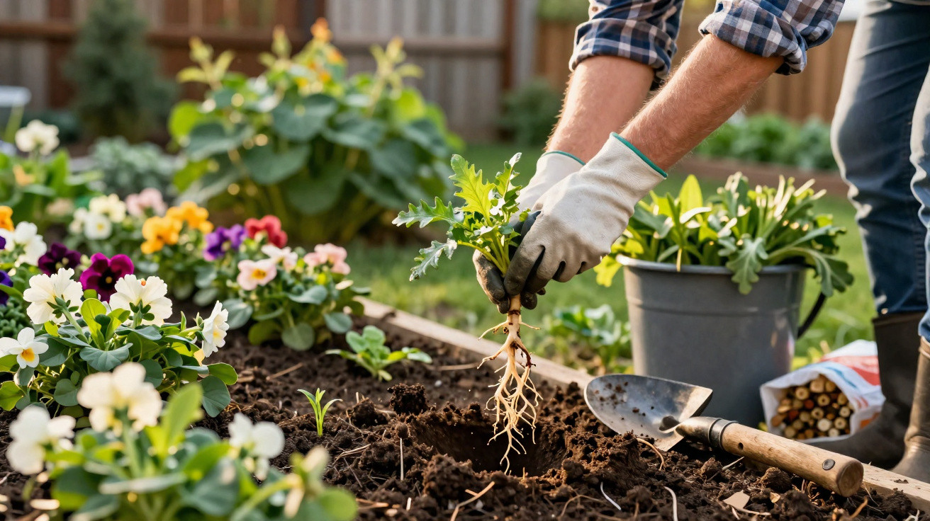 Pessoa a plantar muda de planta com luvas num canteiro de flores coloridas num jardim.