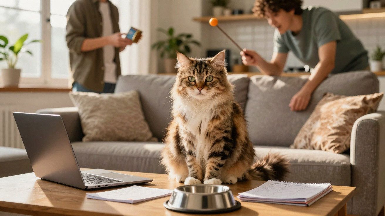 Gato sentado numa mesa com comedouro, laptop e caderno, enquanto duas pessoas brincam no sofá atrás.