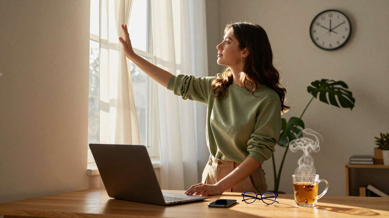 Mulher a olhar pela janela enquanto trabalha num computador portátil num ambiente calmo e iluminado.