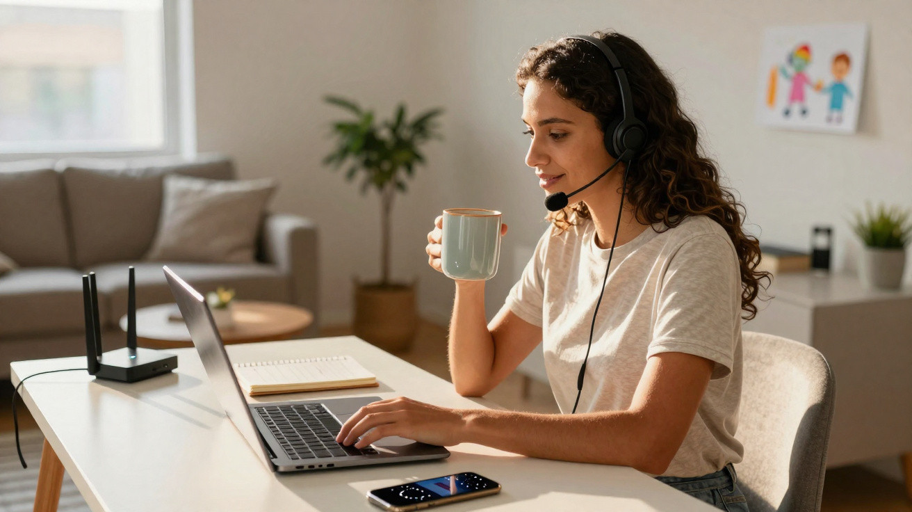 Mulher com auricular a trabalhar num computador portátil e a beber de uma caneca numa mesa em casa.