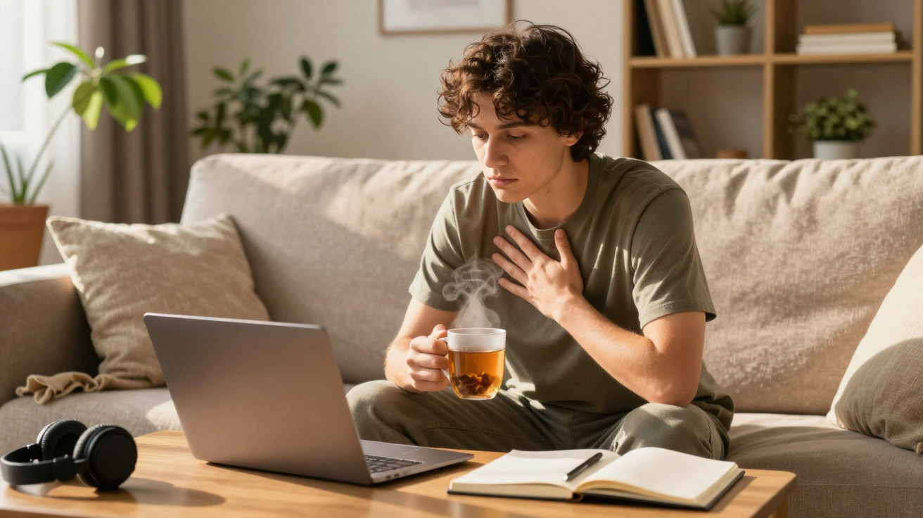Jovem sentado no sofá com chá quente, laptop, caderno aberto e auscultadores numa mesa de madeira.