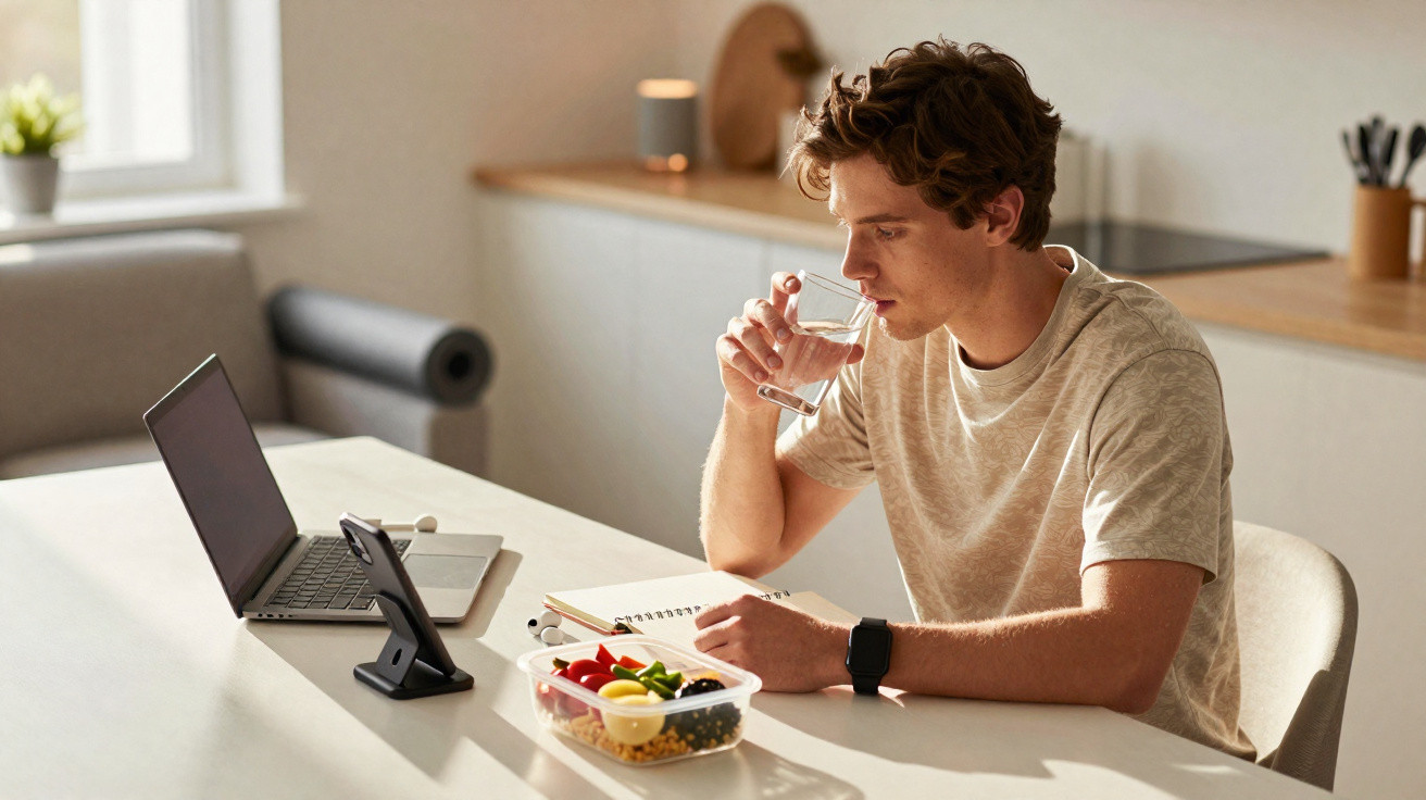 Jovem sentado à mesa a beber água, com laptop, telemóvel e marmita de comida saudável à sua frente.