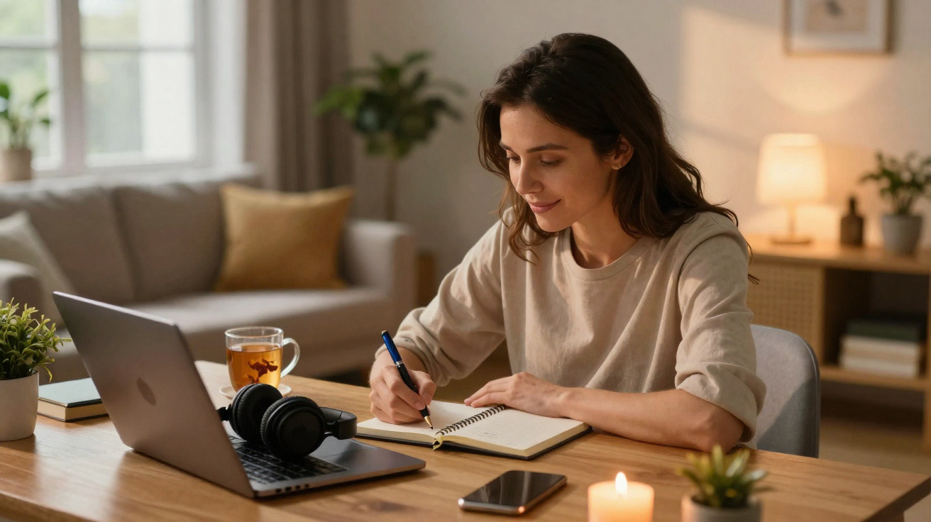 Mulher sentada a escrever num caderno, com portátil, auriculares e chá numa mesa em ambiente acolhedor.