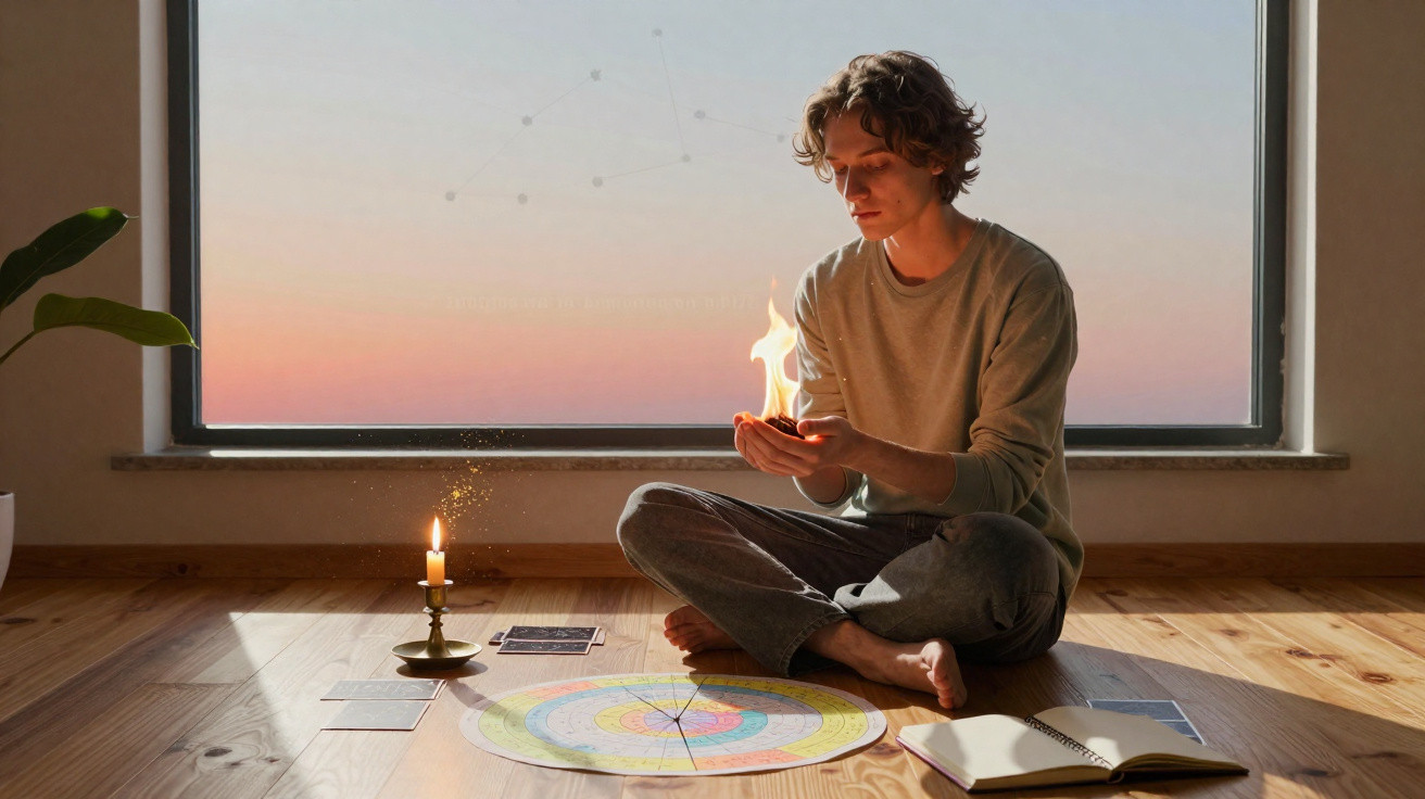 Pessoa sentada no chão com chama nas mãos, vela acesa e mapas ao redor, junto a janela ao pôr do sol.