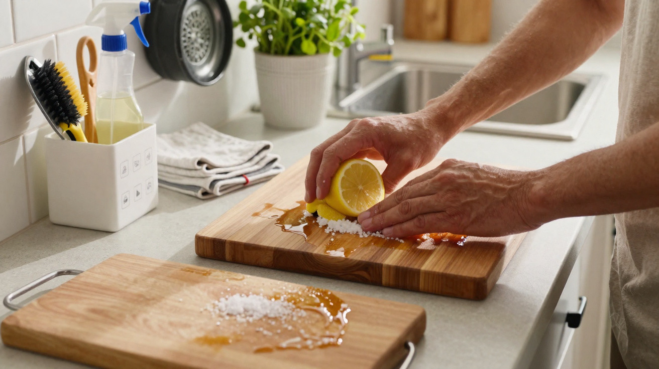 Mãos a espremer meio limão sobre sal grosso numa tábua de cozinha em bancada com utensílios ao fundo.