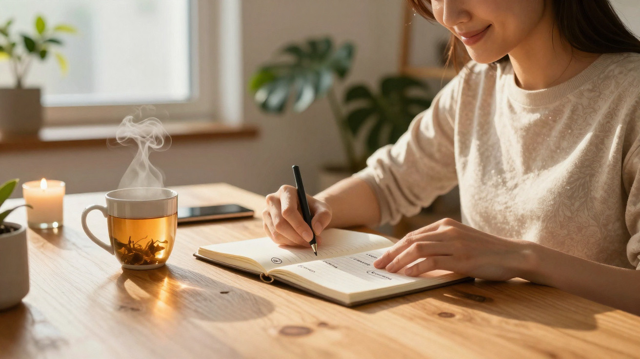 Mulher a escrever num caderno numa mesa de madeira com chá quente e vela acesa num ambiente acolhedor.