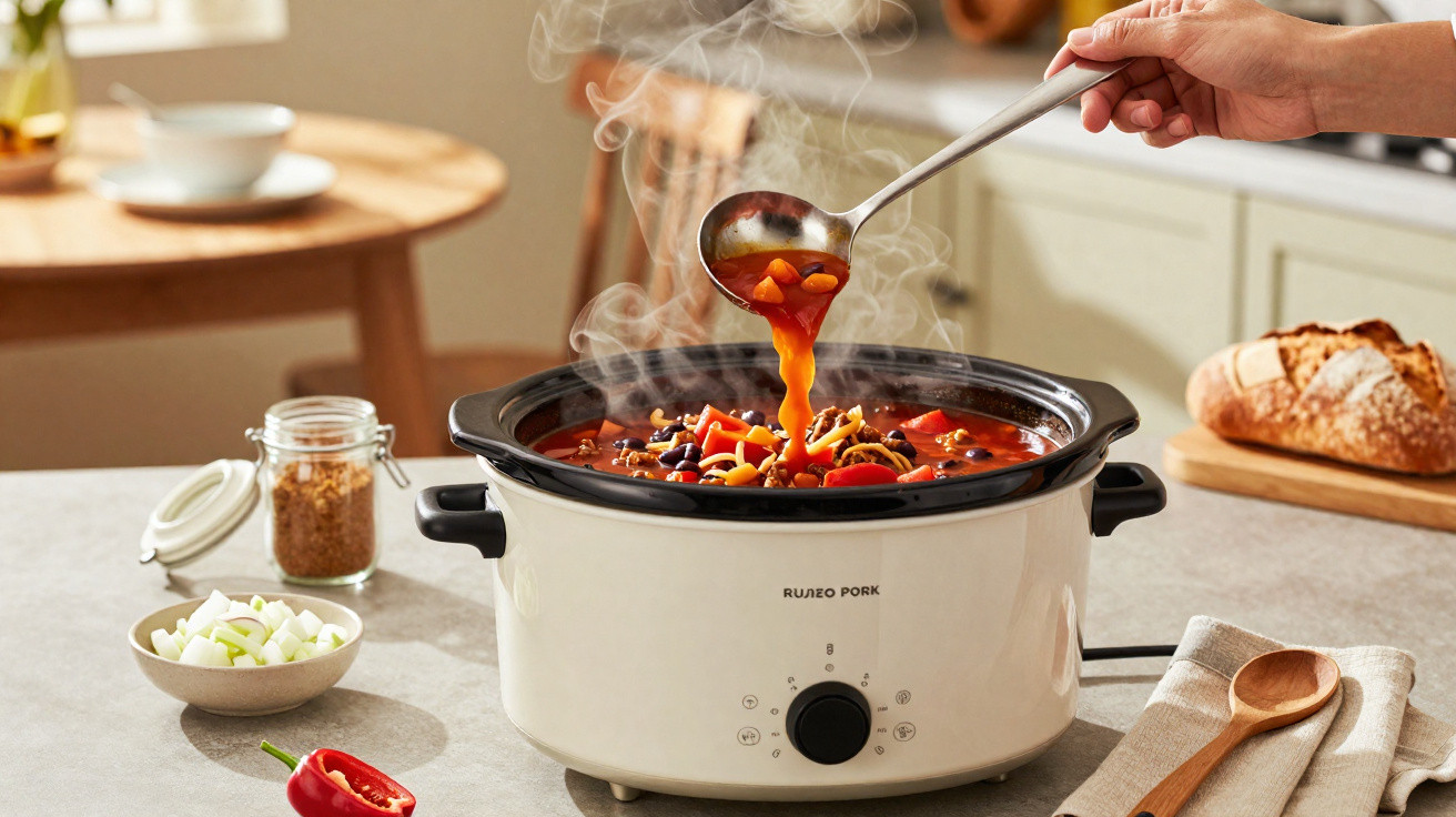Panela elétrica branca com sopa quente e legumes numa cozinha iluminada e decorada.