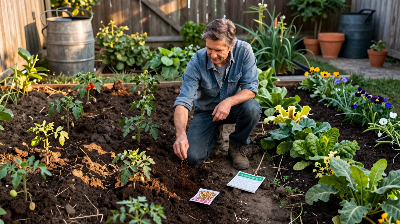 Homem a semear sementes num jardim com várias plantas e flores ao redor numa tarde ensolarada.