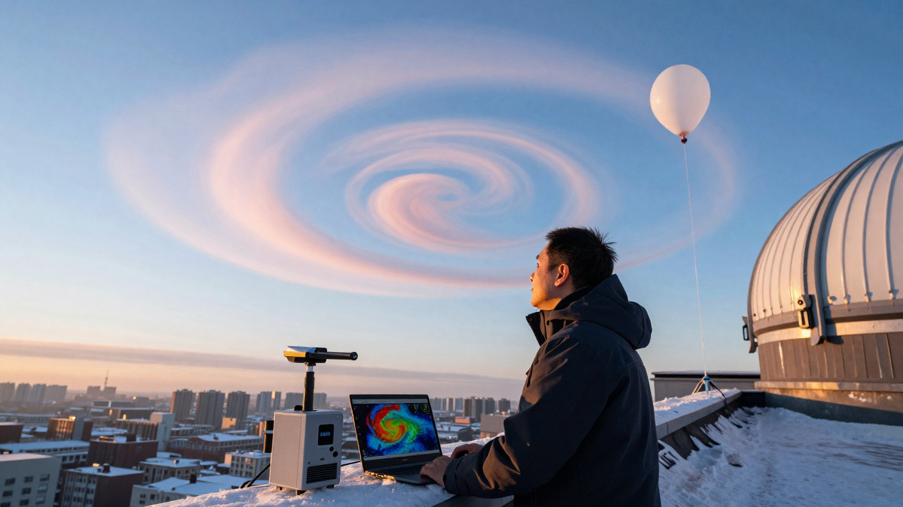 Homem observa nuvem em espiral no céu, com equipamento meteorológico e balão branco na cobertura de edifício.