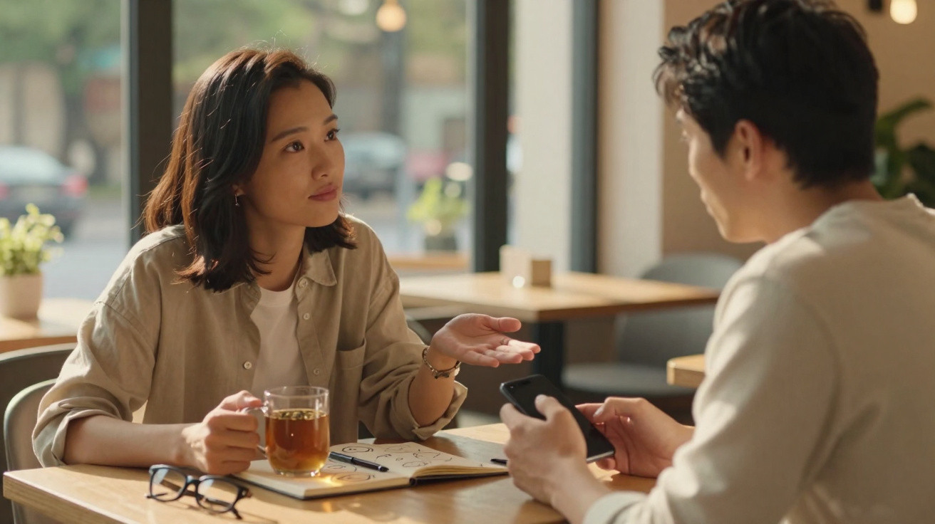 Duas pessoas sentadas numa mesa de café a conversar, uma segura uma chávena de chá e outra um telemóvel.