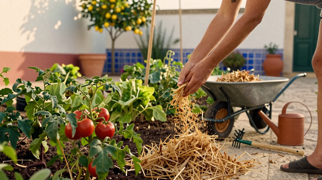 Pessoa a aplicar palha numa horta com plantas de tomate e ferramentas de jardinagem ao fundo.
