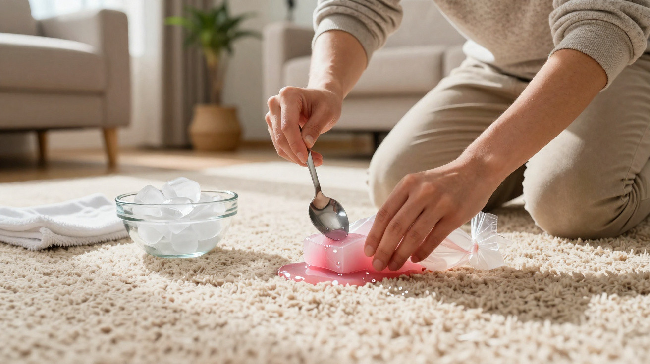 Pessoa a remover nódoa vermelha de bebida com cubos de gelo e colher num tapete creme.