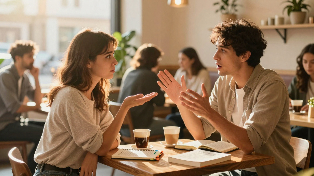Casal jovem discute animadamente numa esplanada com livros e café à frente numa tarde iluminada.