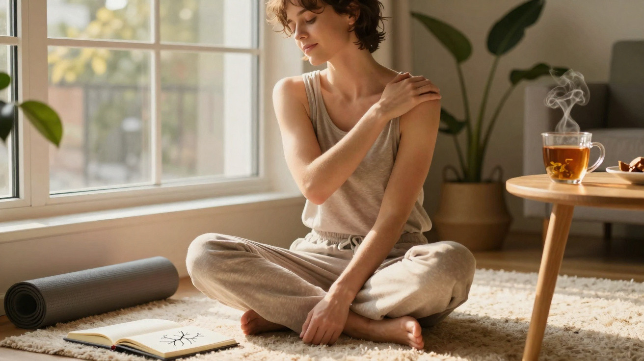 Mulher sentada no chão a massagear o ombro, junto a tapete, tapete de yoga e chá quente fumegante.