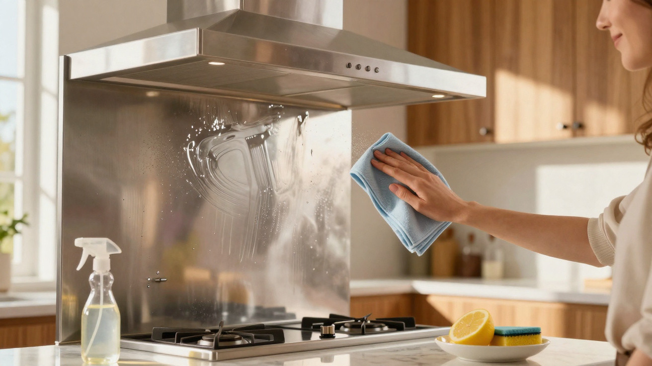 Pessoa a limpar com pano azul a chapa metálica de exaustor numa cozinha moderna.