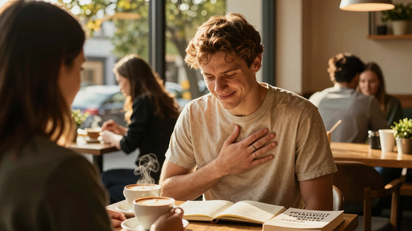 Jovem sorri emocionado enquanto lê livro numa cafeteria, com bebida quente à sua frente e outra pessoa à sua frente.