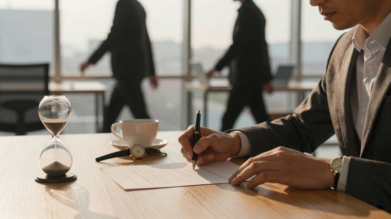 Pessoa de fato a assinar documentos numa mesa com ampulheta, relógio e chávena, com pessoas a passar ao fundo.