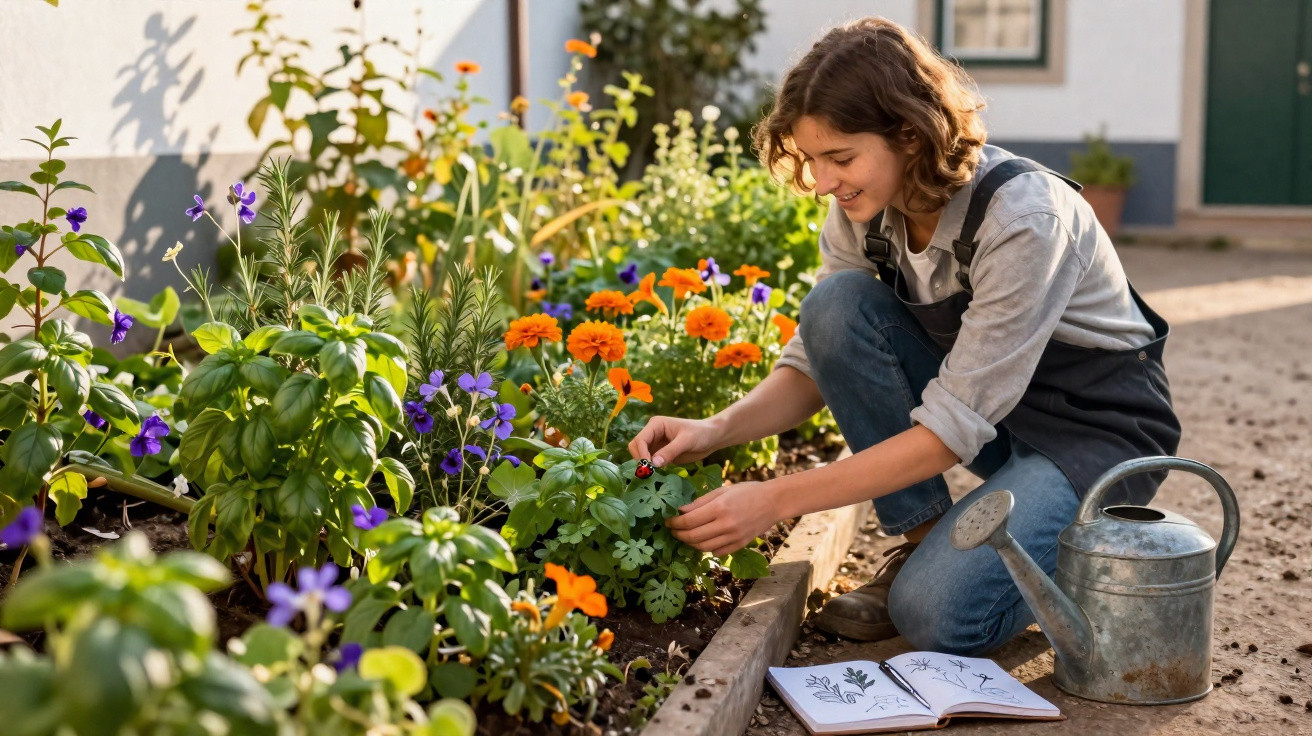 Mulher a cuidar de plantas e flores num jardim, com regador e caderno de anotações ao lado.