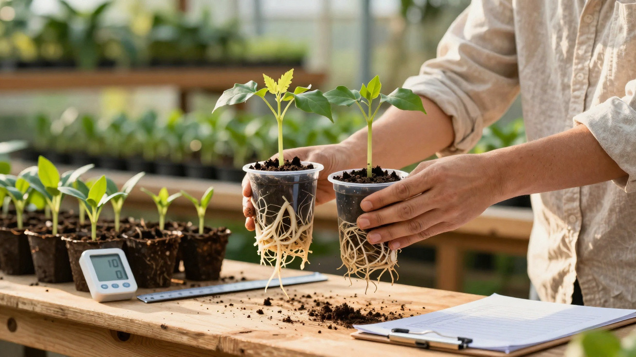 Pessoa segurando dois vasos com plantas jovens e raízes visíveis numa estufa, com mudas e registos numa mesa.