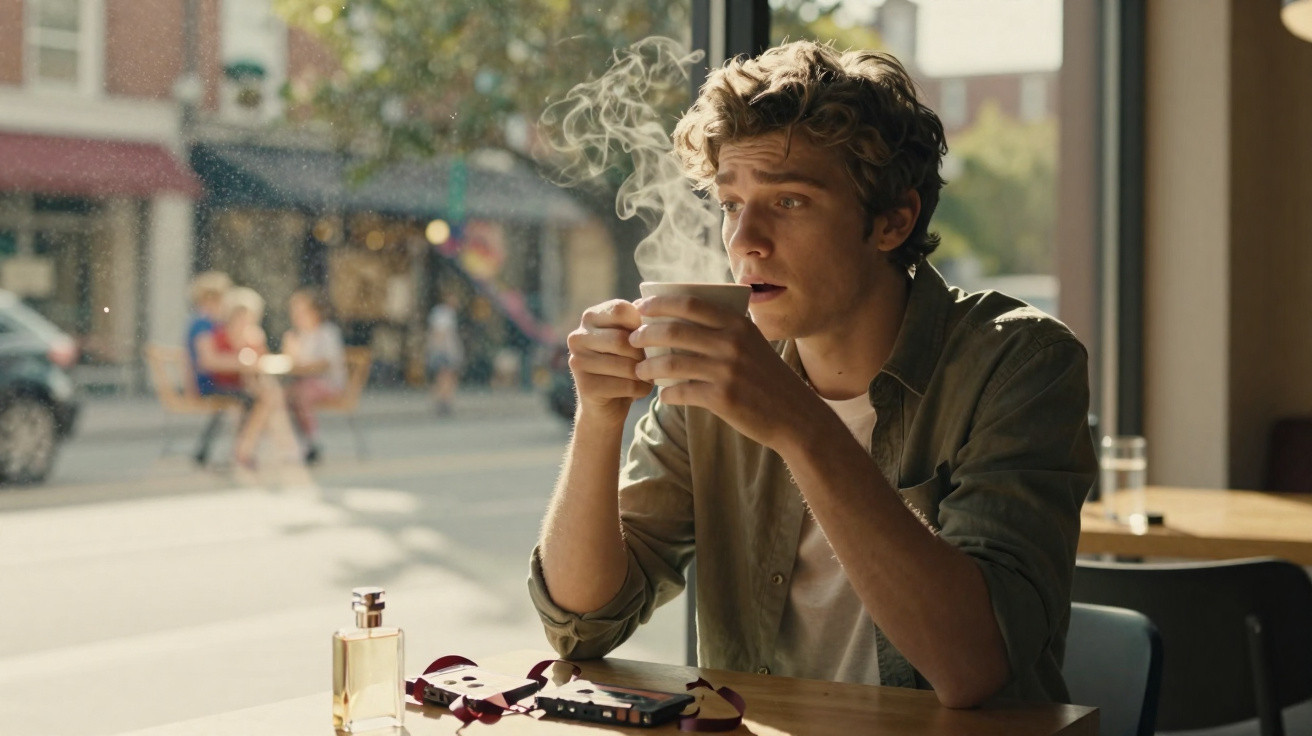 Jovem sentado numa cafetaria a segurar uma chávena de café quente, com vapor a sair, olhando pela janela.