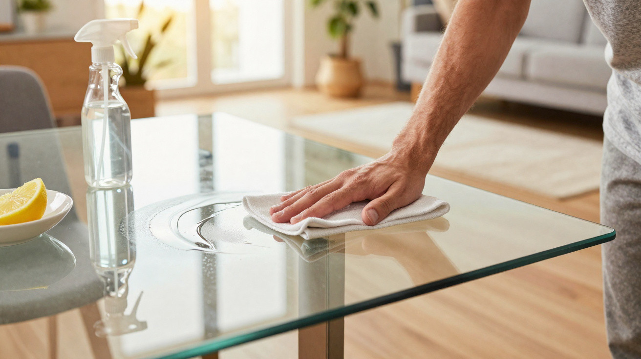 Pessoa a limpar mesa de vidro com pano branco e frasco de spray transparente num ambiente luminoso.