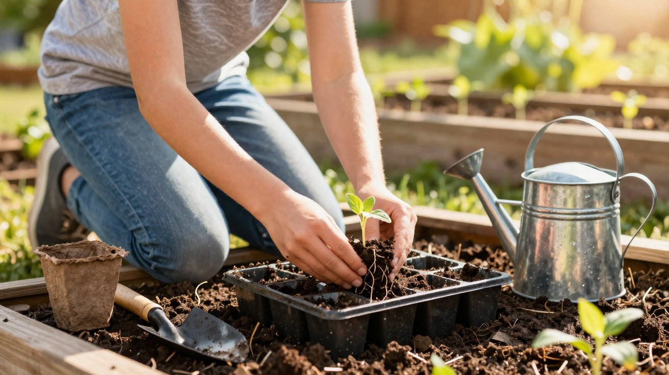 Pessoa a transplantar uma pequena planta para um tabuleiro de germinação num canteiro de jardim.