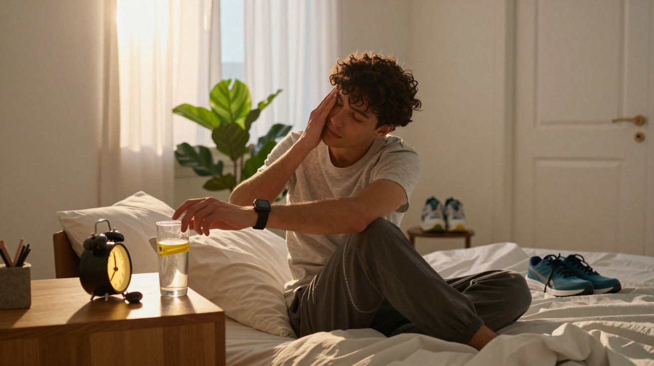 Homem sentado na cama, com expressão de cansaço, ao lado de um copo de água e um relógio de mesa.