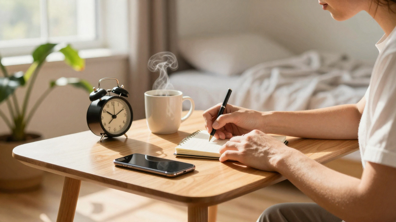 Pessoa a escrever num caderno numa mesa com relógio, chá quente e telemóvel, num ambiente luminoso e acolhedor.