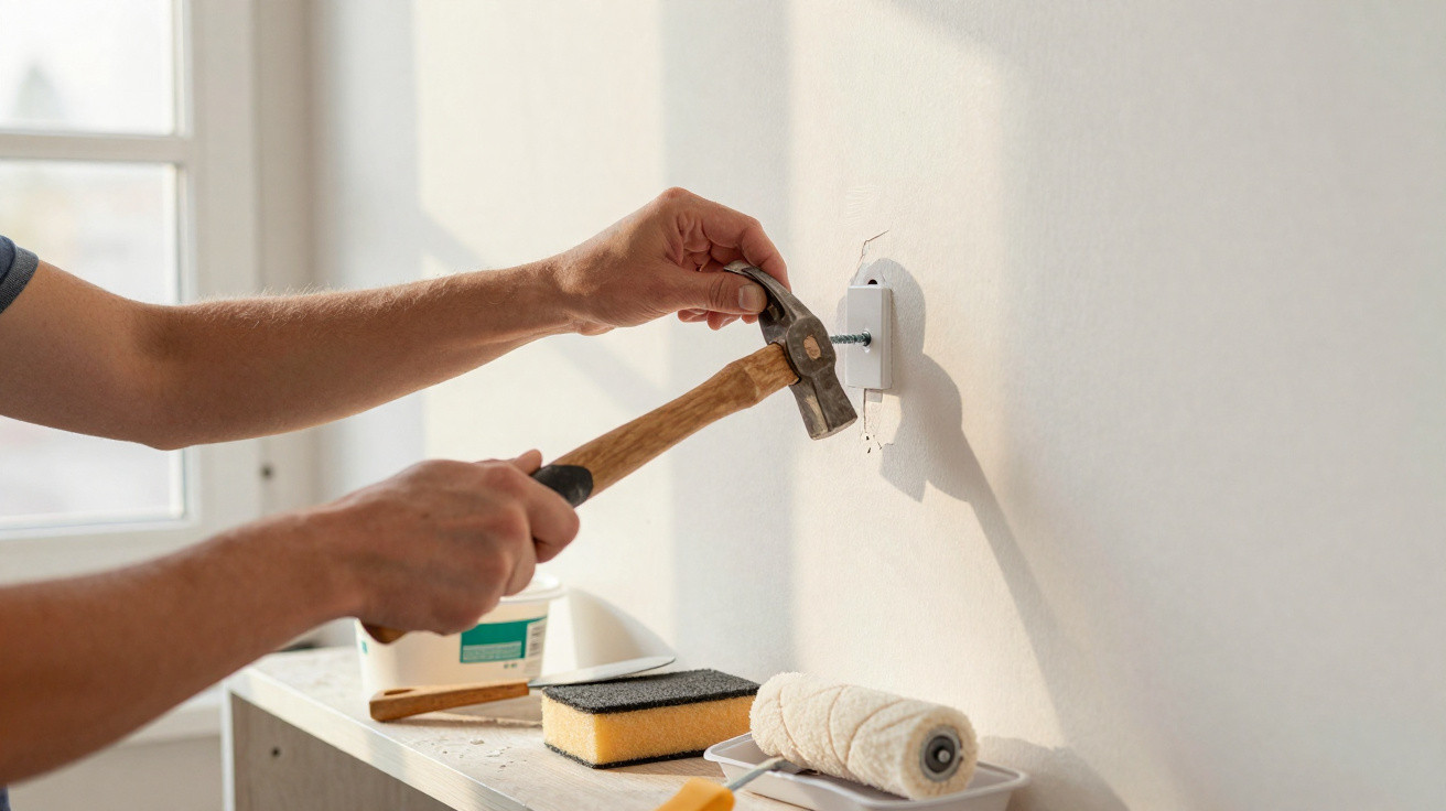 Mãos de uma pessoa a usar um martelo para fixar um suporte na parede branca durante pintura.