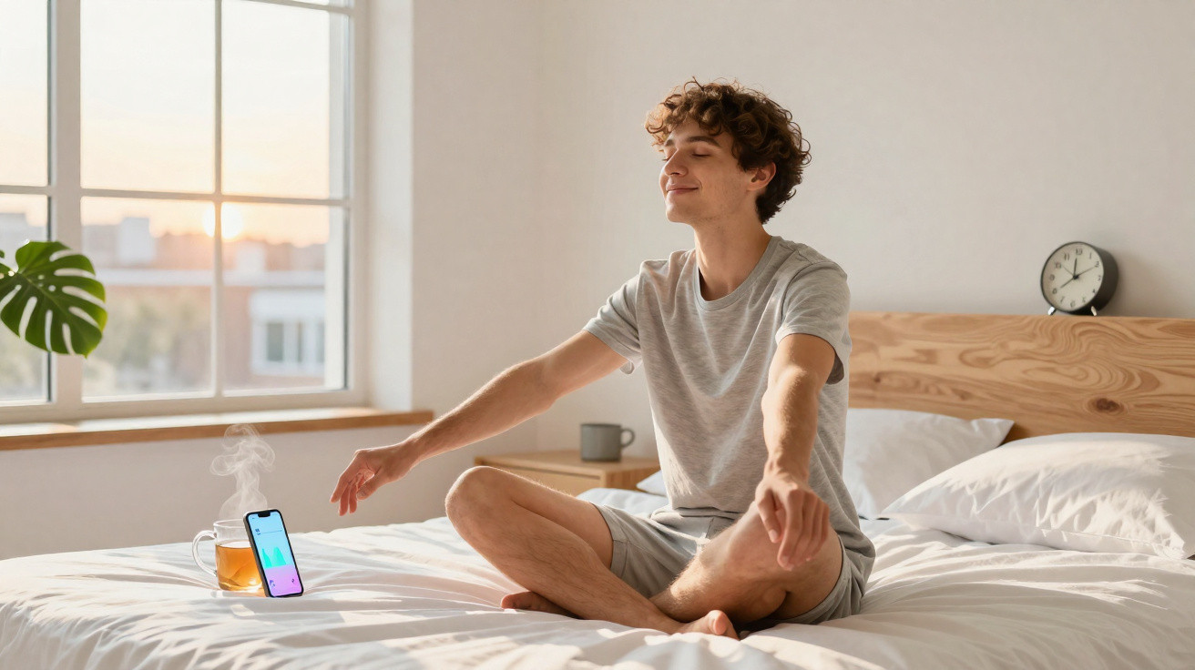 Homem sentado em posição de meditação na cama, janela iluminada, chá e telemóvel na mesa de cabeceira.