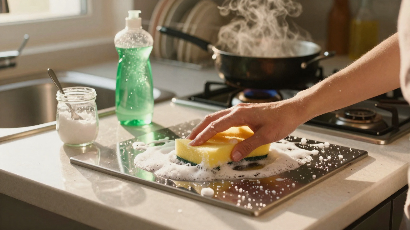 Pessoa a lavar uma placa metálica com esponja e detergente na cozinha, com panela ao fundo no fogão.