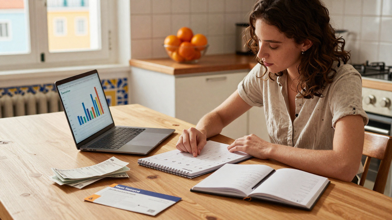 Mulher sentada à mesa a anotar informações, com laptop, documentos e caderno numa cozinha iluminada.