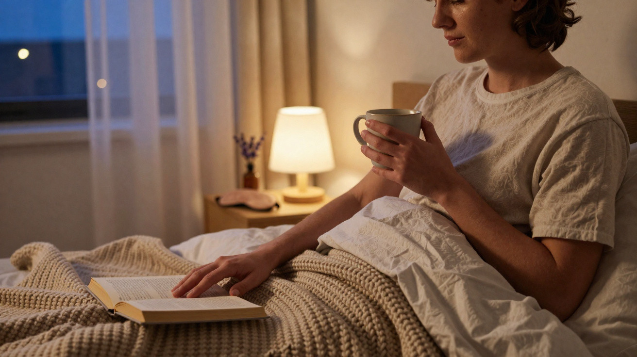 Pessoa sentada na cama, a ler um livro e a beber de uma caneca, num ambiente acolhedor com luz suave.