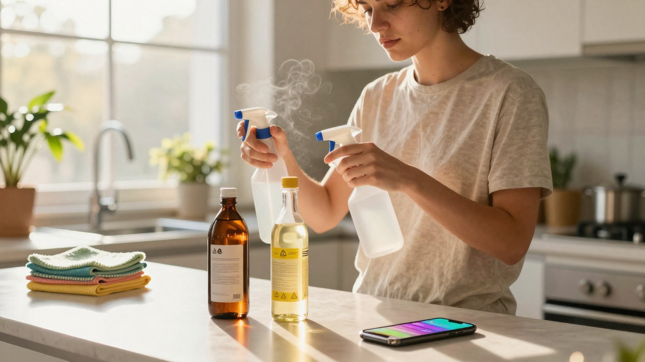 Mulher a preparar produtos de limpeza em spray numa cozinha iluminada com luz natural.