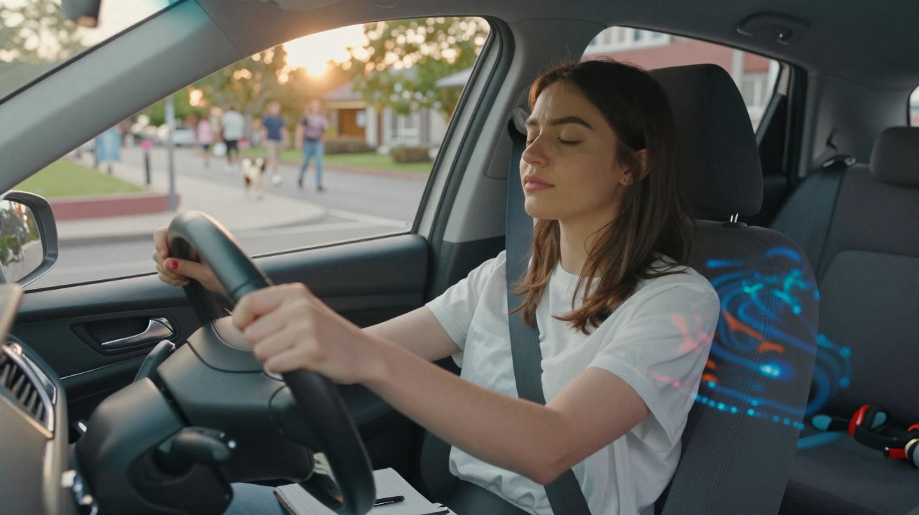 Mulher jovem com olhos fechados a conduzir carro com cinto de segurança e assento com suporte digital.