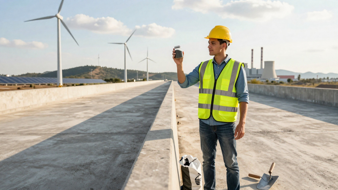 Engenheiro com colete e capacete amarelo mede qualidade do ar perto de turbinas eólicas e painéis solares.